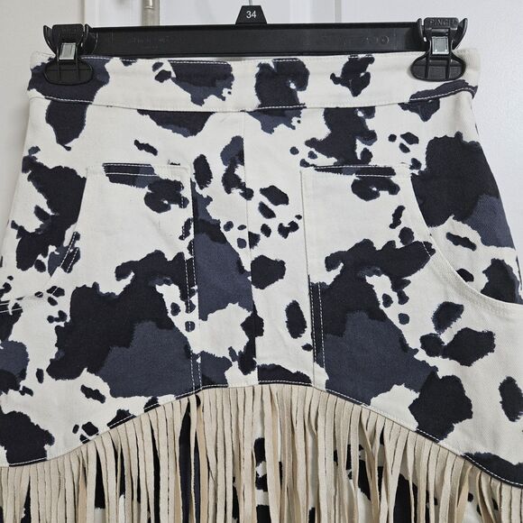 Peach Love California Suede Fringe Western Mini Skirt Women's Small Cow Print - Picture 4 of 9